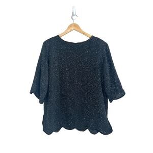 Women’s Formal Evening 100% Silk Black Beaded Short Sleeve Blouse Size Large